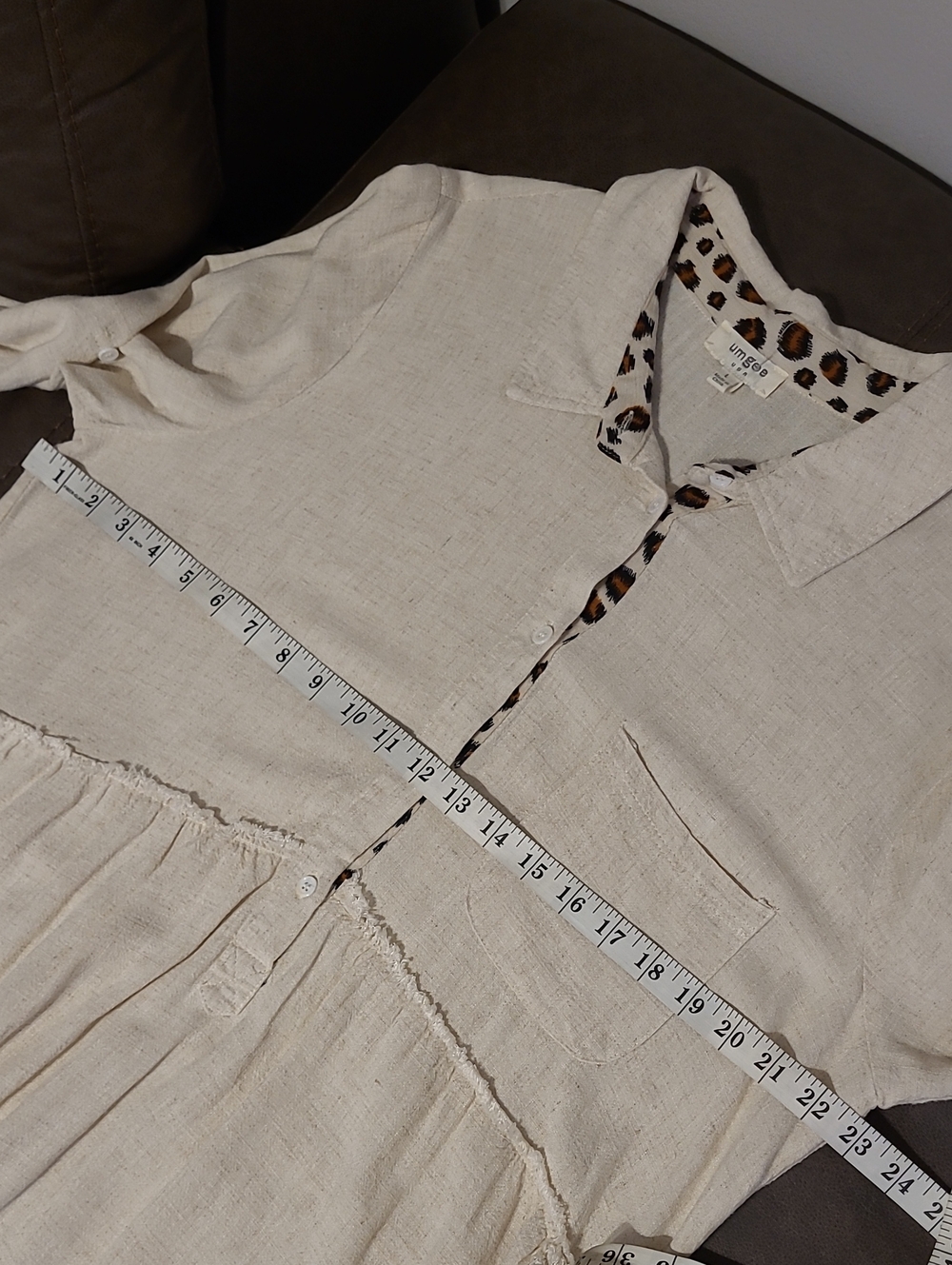 Umgee Linen Cotton Blend Leopard Cheetah Trim Frayed Oatmeal Tunic Top Sz L Boho - Picture 11 of 13